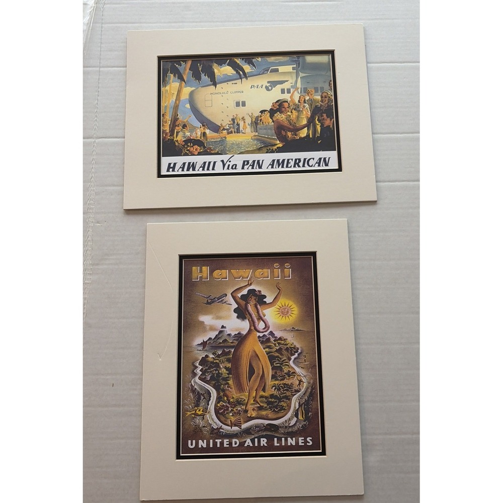 Hawaii Travel Poster Prints Pan Am United Airlines Matted Set Hula Clipper 11x14